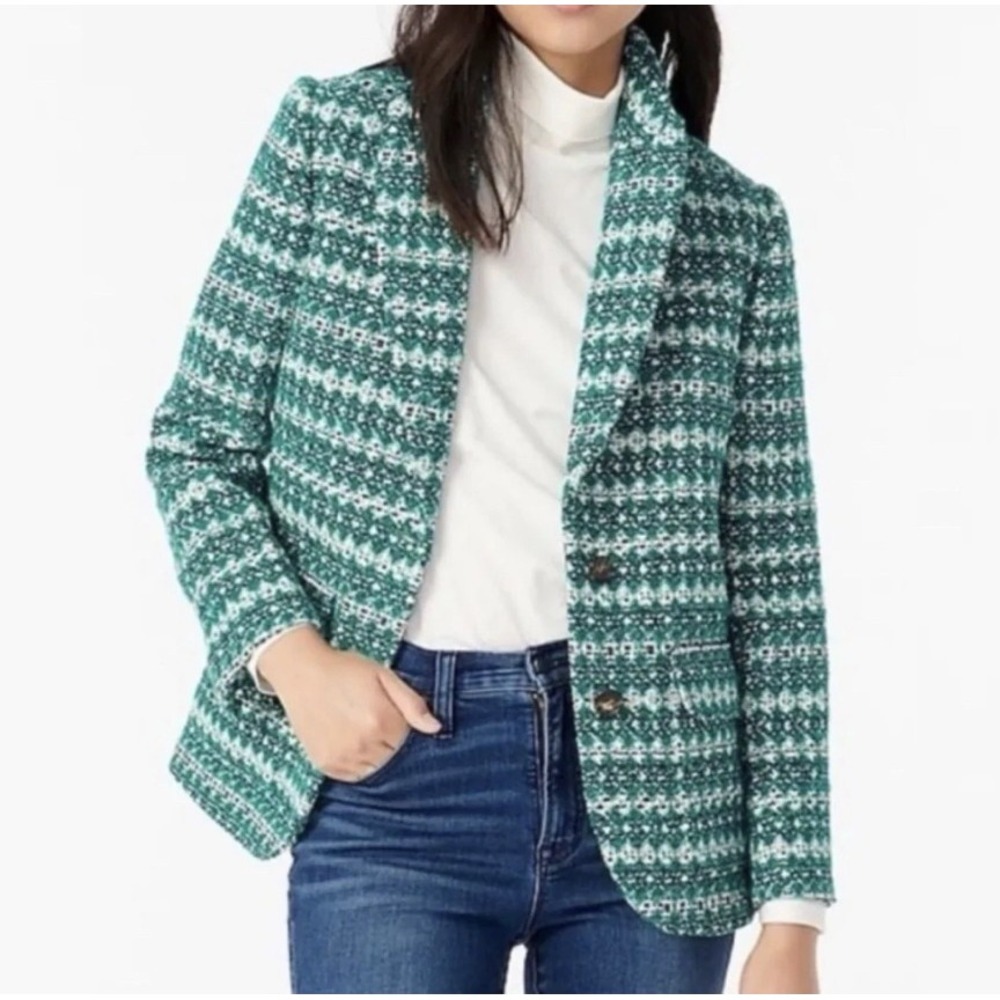 J.Crew Nalya Boyfriend Blazer Tweed Jacket Size 6 Italian Wool Green Old Money